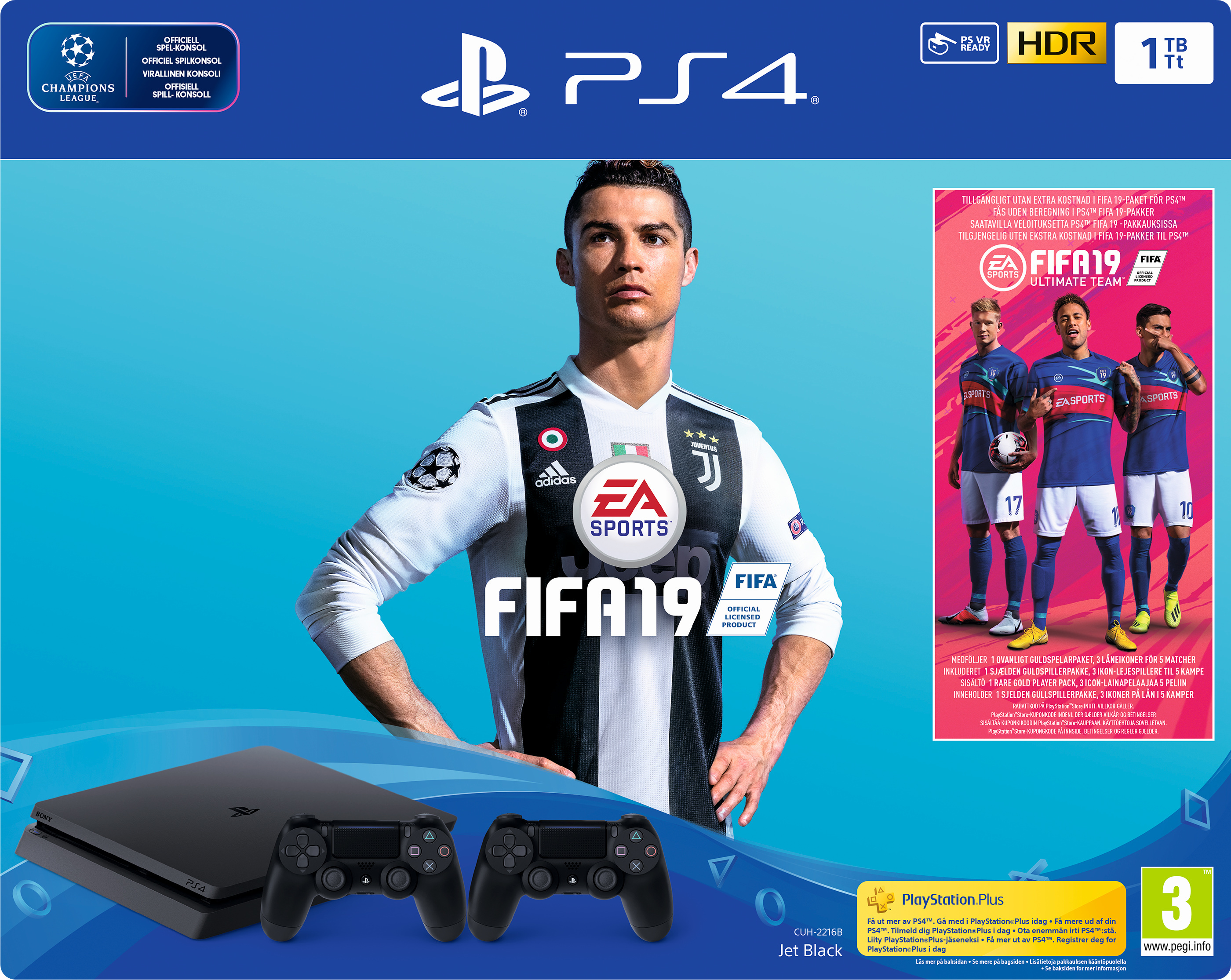 PlayStation 4 Slim (1TB, Jet Black) + 2 Controller + FIFA 19