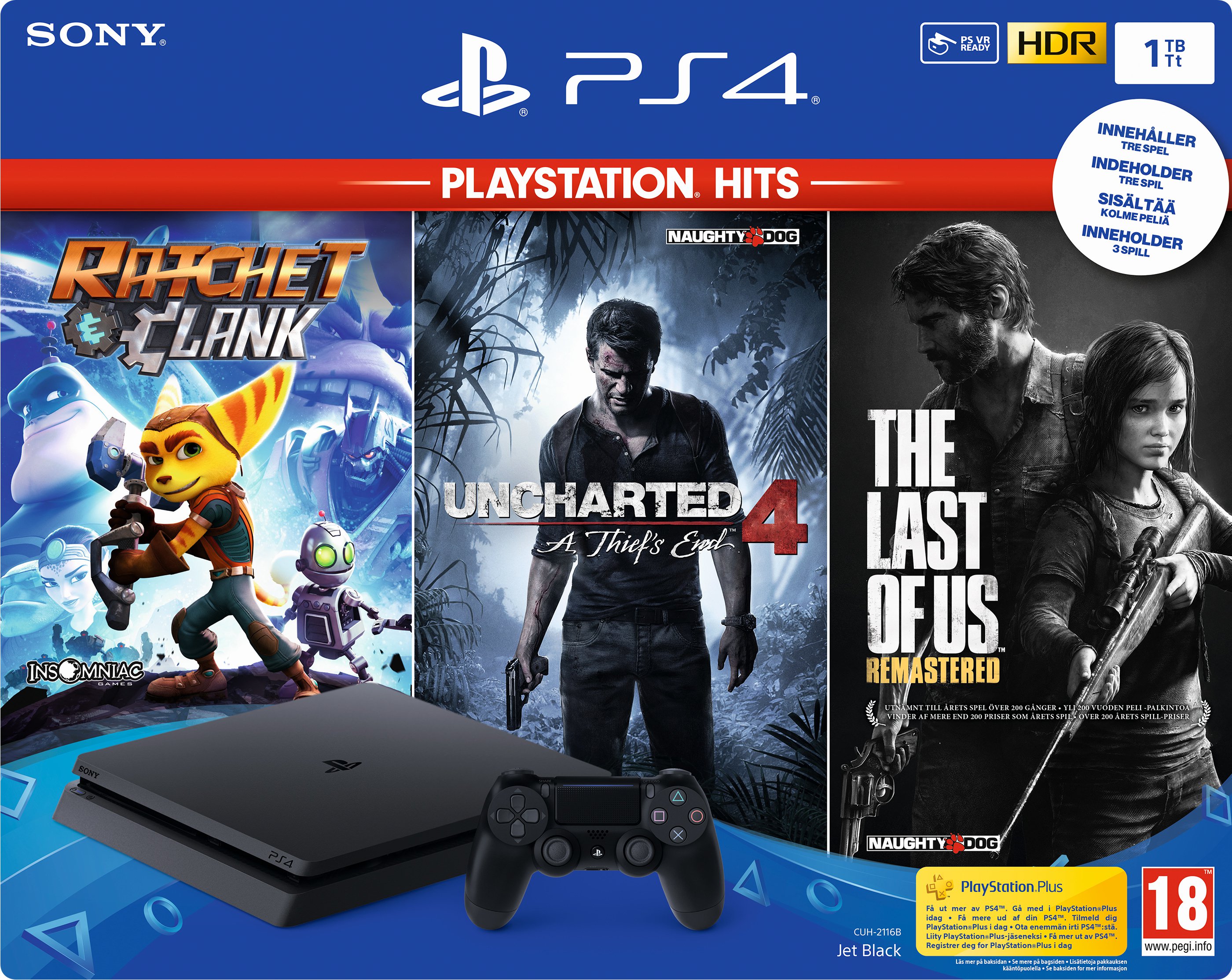 PlayStation 4 Slim (1TB, Jet Black) + Uncharted 4 + Ratchet & Clank + The Last of Us