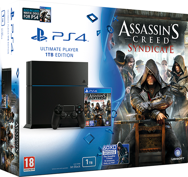 PlayStation 4 (1TB, Jet Black) + Assassin's Creed: Syndicate + Watch Dogs