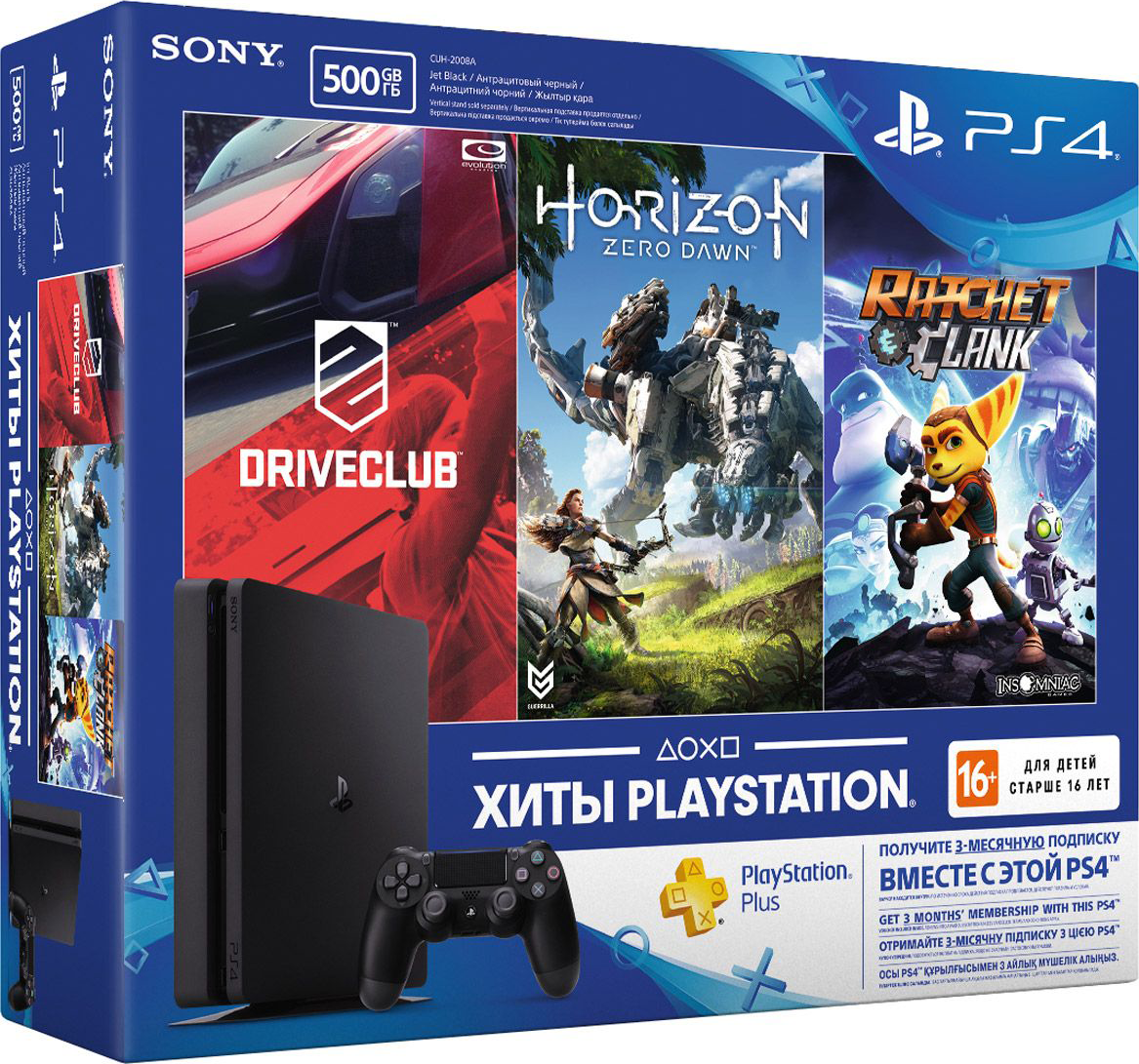PlayStation 4 Slim (500GB, Jet Black) + Horizon: Zero Dawn + Driveclub + Ratchet & Clank