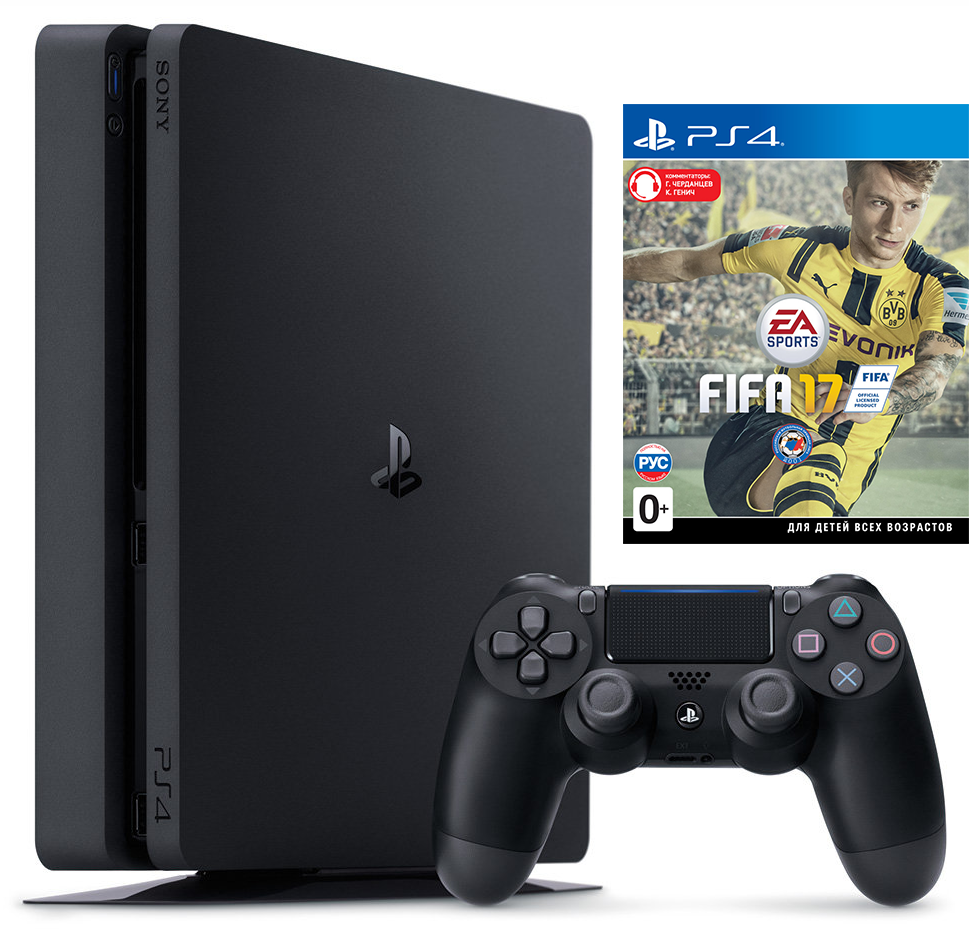 PlayStation 4 Slim (500GB, Jet Black) + FIFA 17