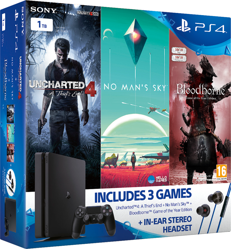 PlayStation 4 Slim (1TB, Jet Black) + Uncharted 4 + Bloodborne + No Man's Sky + In-ear headset